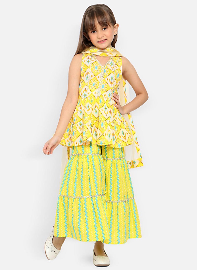 Nautinati Girls' 100% Cotton All-over Print Ikat Print Kurti with Wavy-striped Sharara & Net Dupatta - Image 1